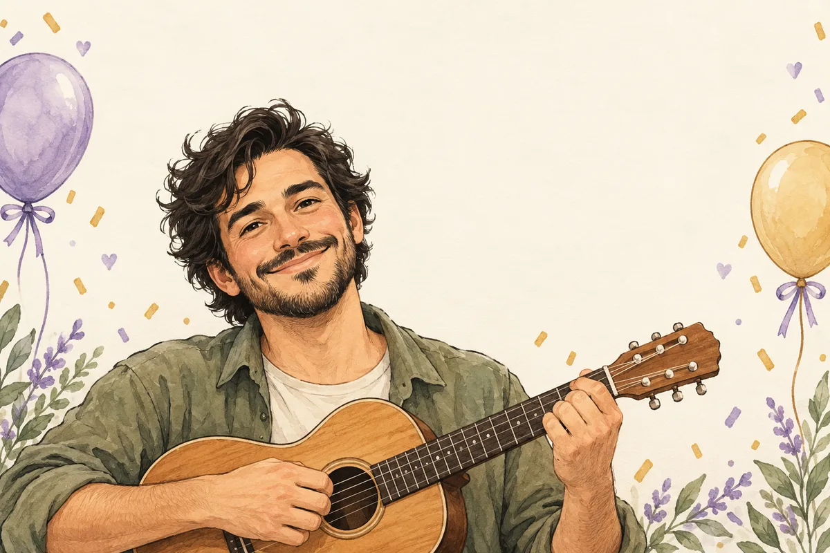 Birthday caricature concept with a guitar and quiet space above the portrait
