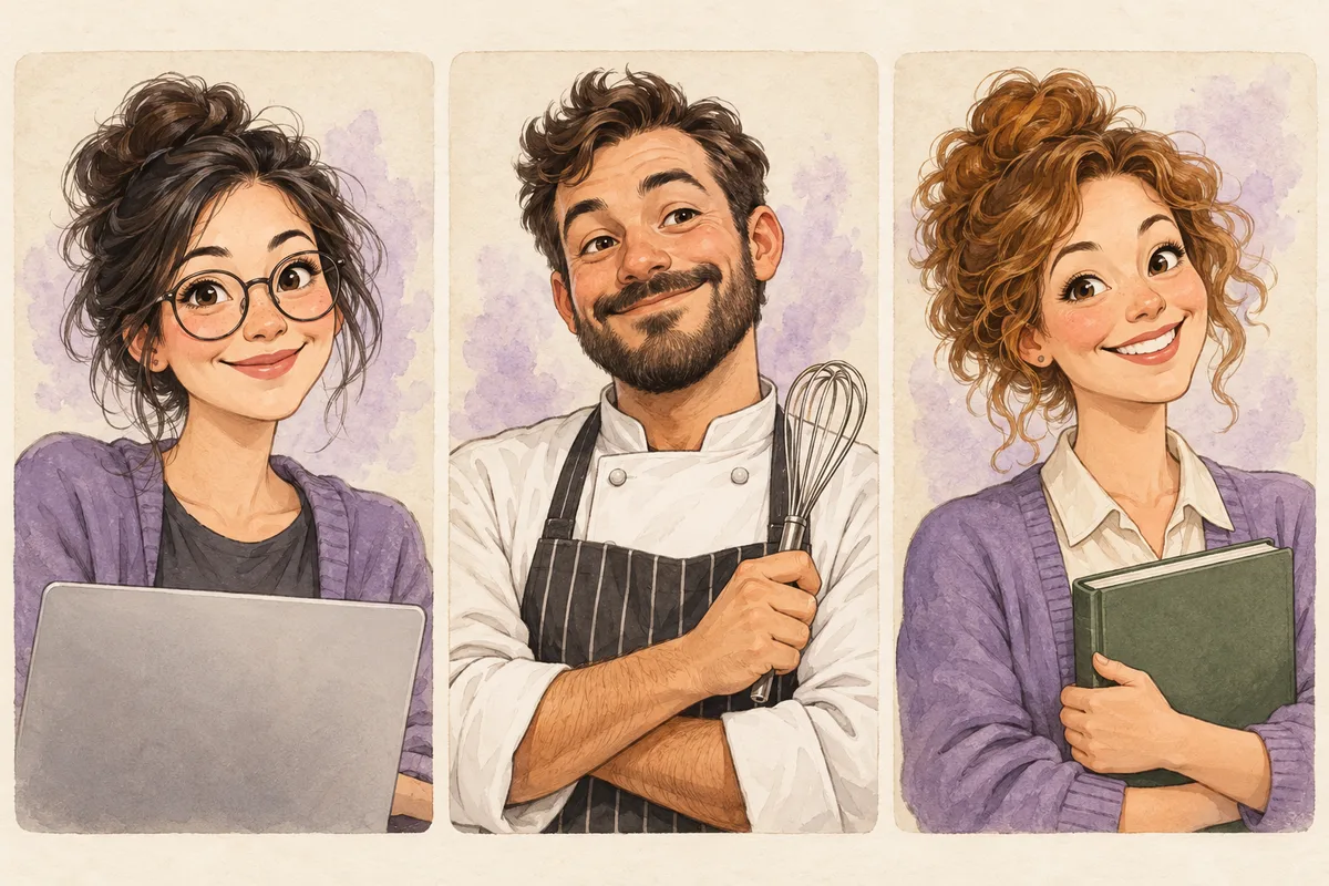 Three fictional career caricature cards with consistent style and framing